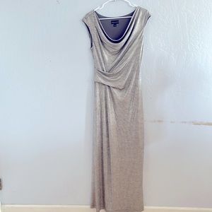 Connected Metallic Semi - Sheer Sleeveless Drape Neck A-Line Gown